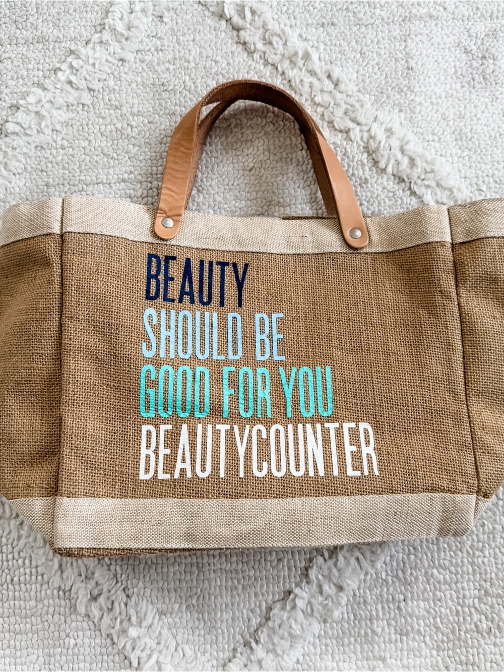 beautycounter Brown Jute Tote with Blue and Teal Lettering